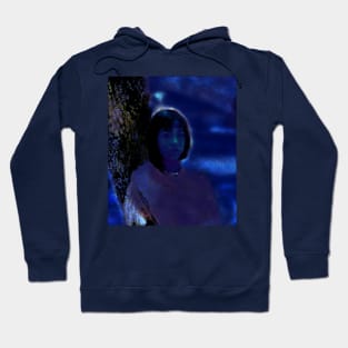 Portrait, digital collage and special processing. Lovely girl, sitting near tree. Night dreams. Blue. Hoodie